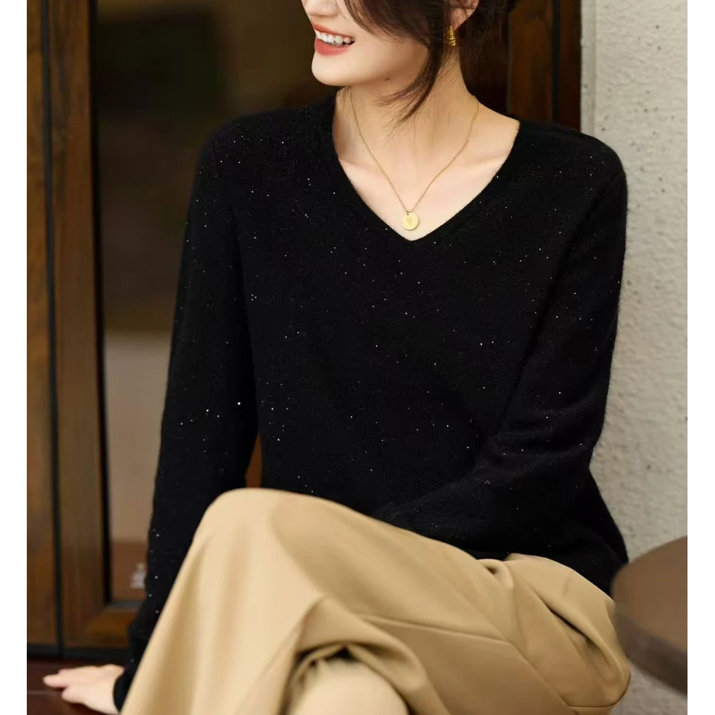 1219-13重工v领亮片全毛羊毛衫