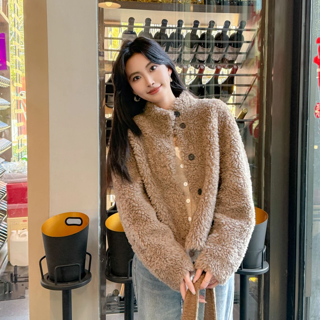 蔚萝00小立领短款羊毛大衣韩版羊剪绒皮毛一体皮草外套女绵羊羔毛