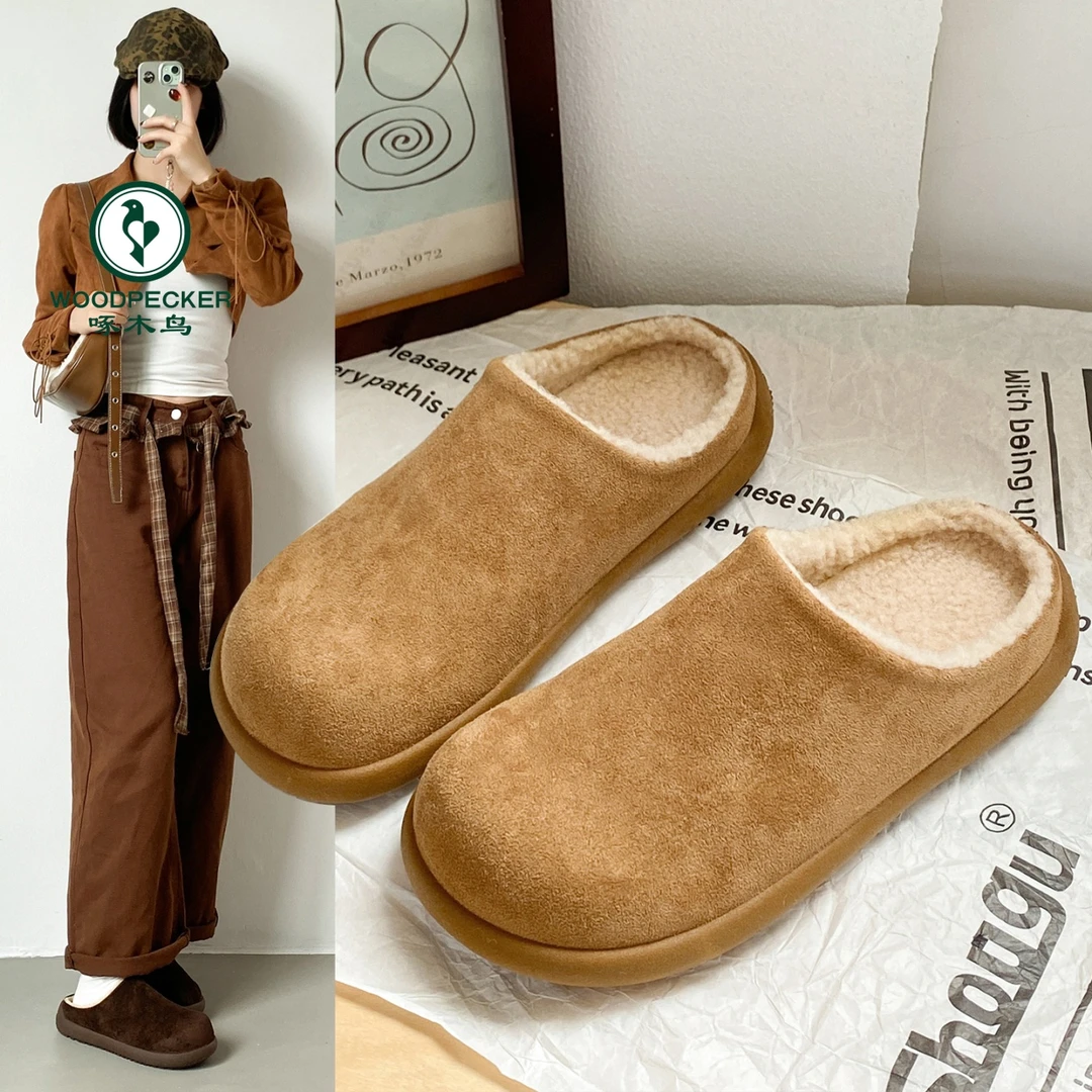 啄木鸟~加绒勃肯鞋毛毛拖鞋女外穿秋冬包头半拖厚底小土豆雪地靴