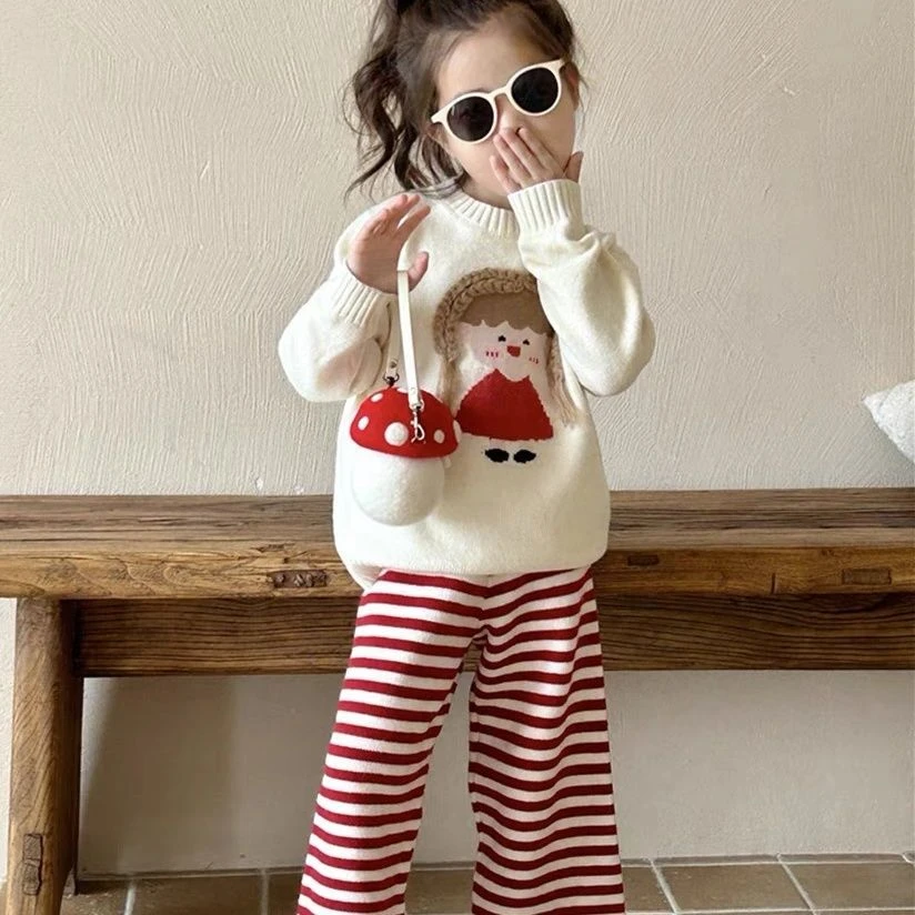 女童春季套装新款女宝宝韩系时尚针织套头毛衣儿童条纹休闲裤