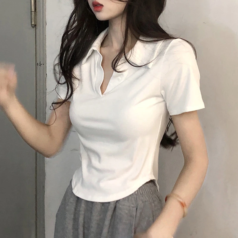 polo领正肩白色t恤女短袖夏季修身设计感独特别致短款鱼骨小上衣