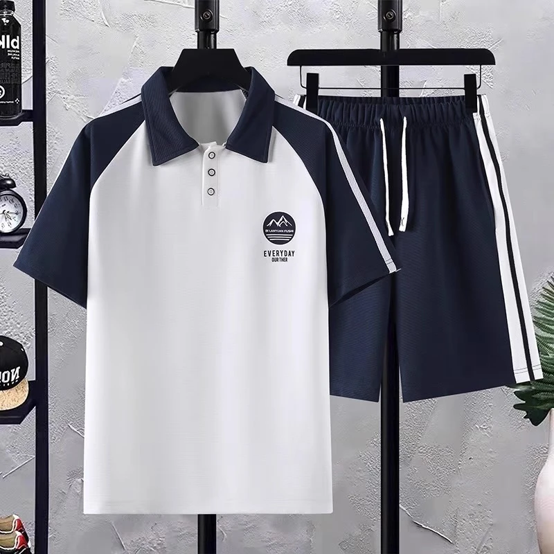 夏季学院风冰丝潮流时尚运动套装大码青年休闲薄款撞色速干POLO衫