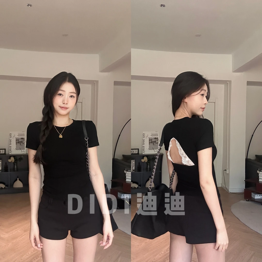 【DIDI】纯欲蕾丝T恤女 夏季款百搭正肩设计圆领短袖显瘦纯色上衣