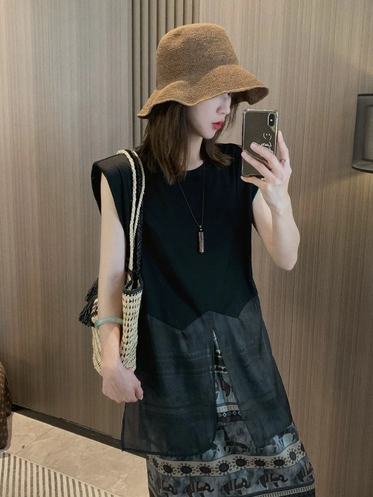 530/28-234/126-18 法式复古网纱女新款慵懒风复古无袖背心t恤