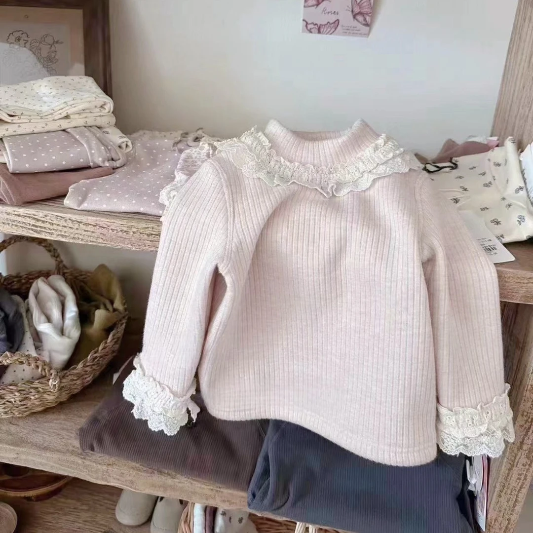 【BaoBao现货】蚕丝羊毛绒一体绒法式花边打底衫9607