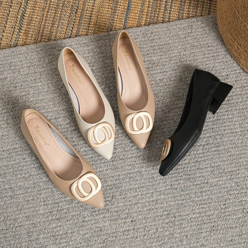 新款2025低跟女式气质高跟黑色工作鞋网红百搭皮面尖头软底时尚女