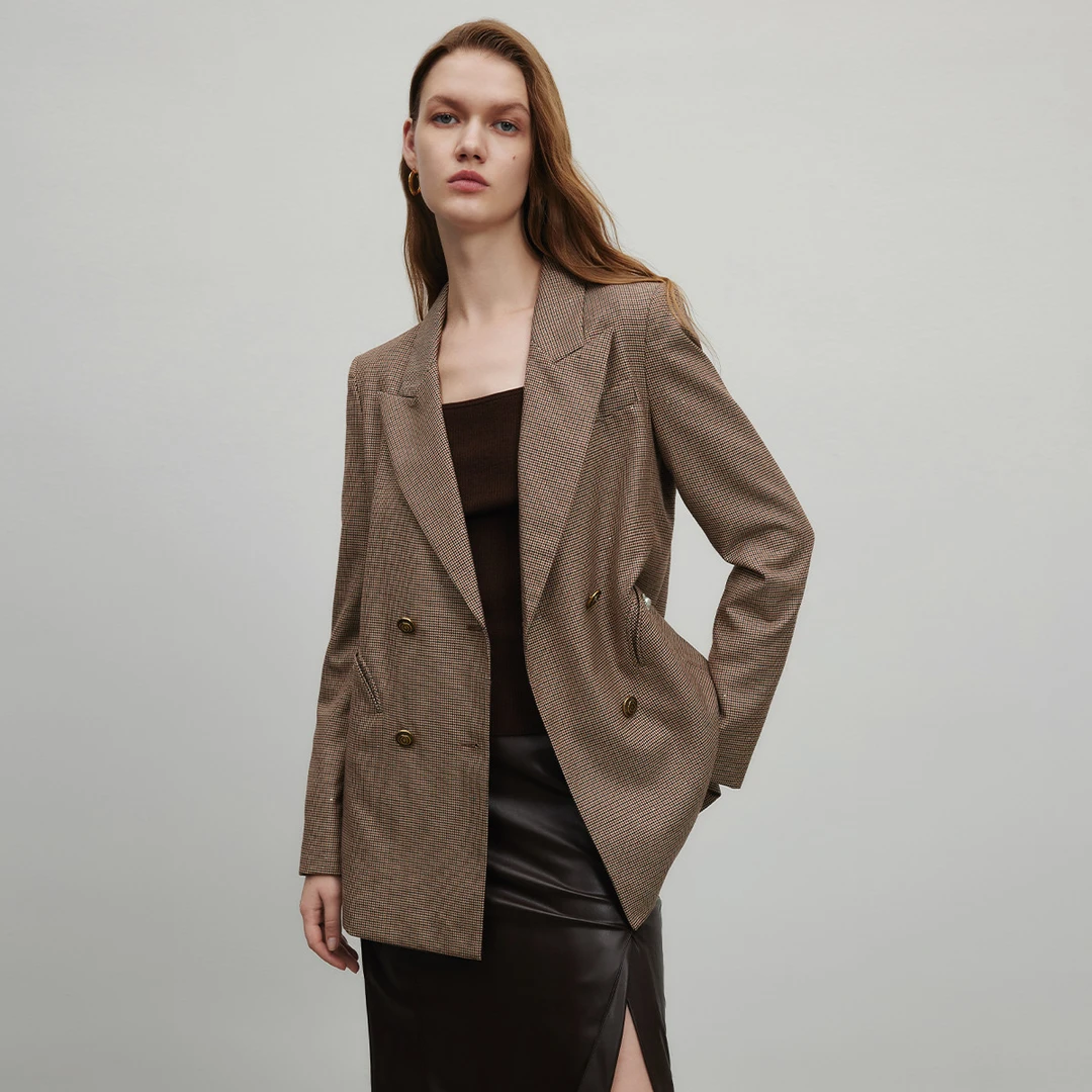 经典格子西装外套女春季时尚双排扣翻驳领简约通勤西服Y423300188