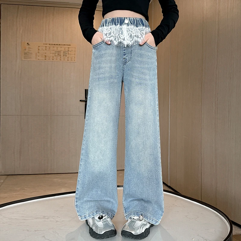 女童春季牛仔裤2025新款洋气时尚蕾丝拼接阔腿裤6-12岁中大童裤子