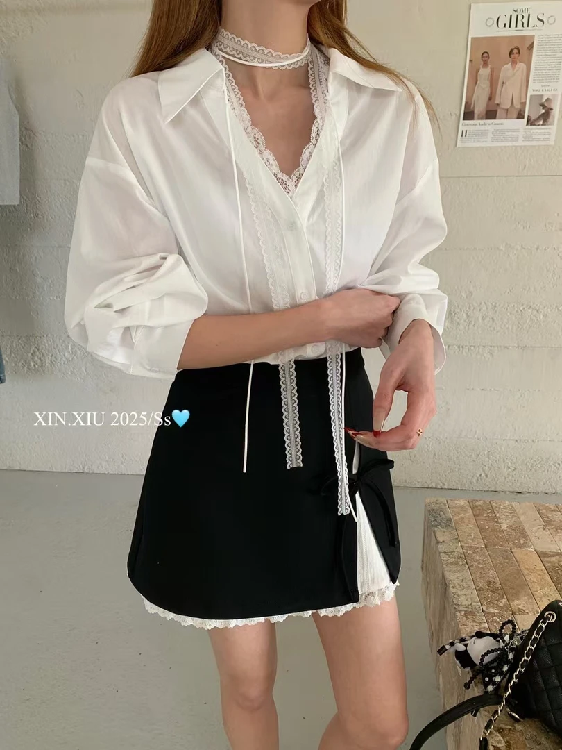 2025春装带飘带蕾丝假两件衬衫+蝴蝶结开叉百褶裙