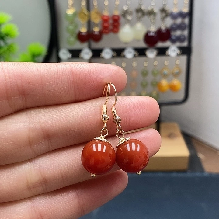 南红玛瑙银S925镀金镶嵌耳饰12mm