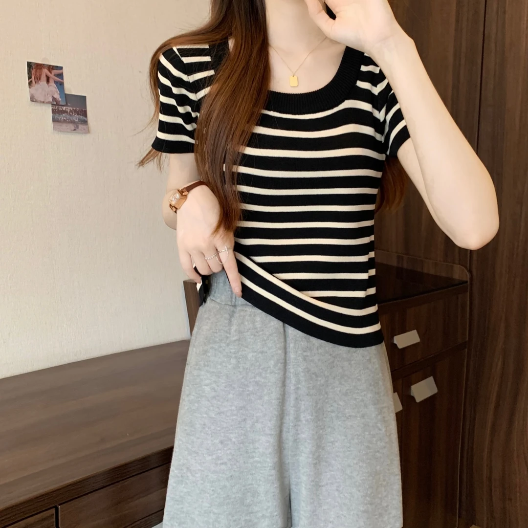 大码女装时尚条纹针织衫夏季新款品质洋气短袖T恤百搭外穿上衣女