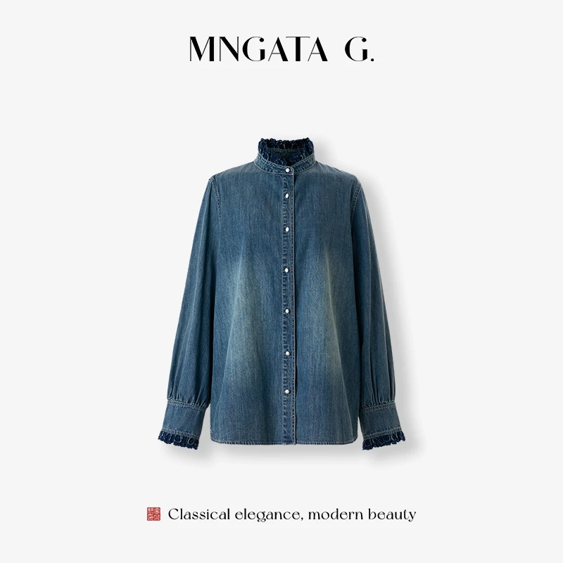 MNGATA G.宫小妍 花边领牛仔 纯棉水洗 百搭叠穿衬衫上衣5102257