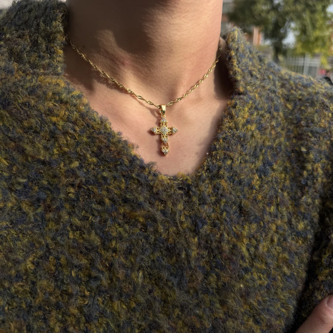 钛钢项链 钛钢项链 金纱十字碎钻项链欧美小众轻奢高级质感项链