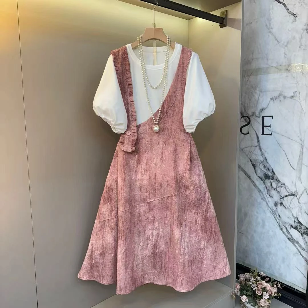 2025欧货法式泡泡袖打底+褶皱肩带渐变轧染风背带裙两件套9082