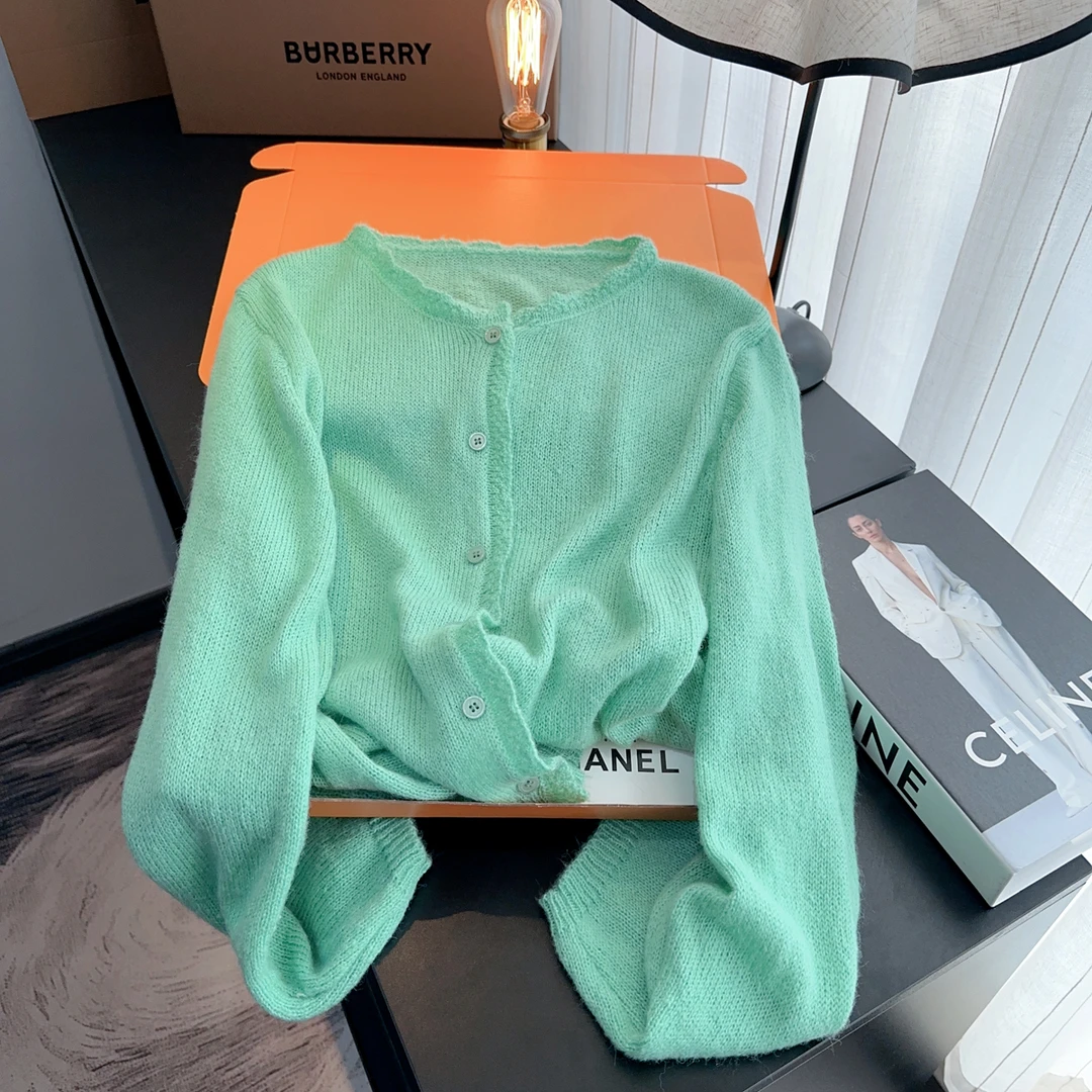 软糯慵懒风绿色毛针织衫外套女2025春夏新款宽松薄款开衫上衣