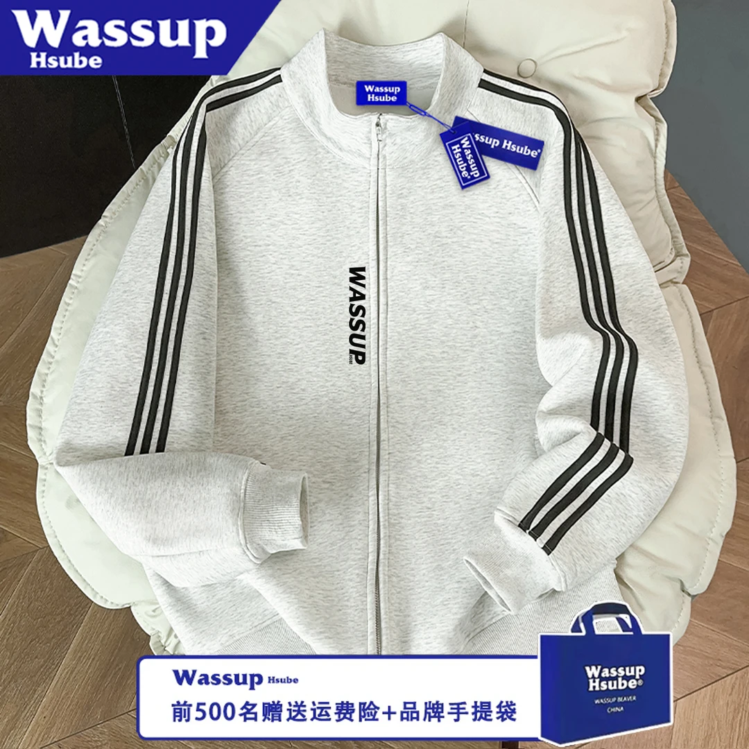 WASSUP HSUBE美式情侣长袖秋冬极简风字母三条杠印花宽松拉链上衣