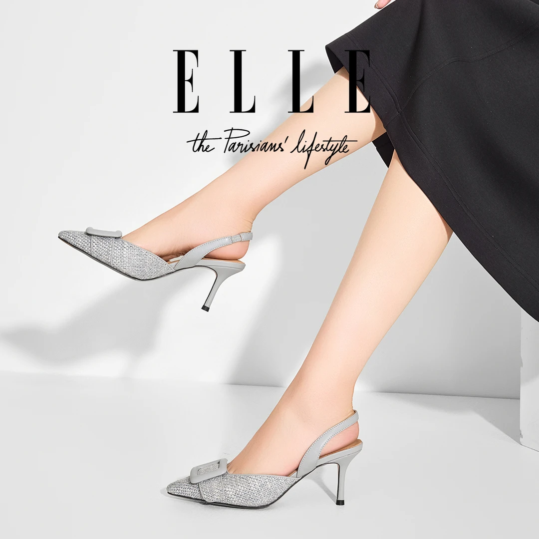 ELLE小香风绝美包头凉鞋女士气质尖头浅口高跟鞋法式方扣细跟单鞋