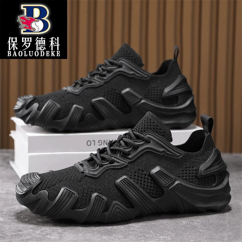 保罗德科2025春季男士透气飞织鞋一脚蹬运动跑步袜子鞋男百搭透气