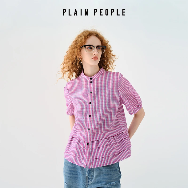 学院风撞色格纹立领风琴褶衬衫上衣女DB0101D21