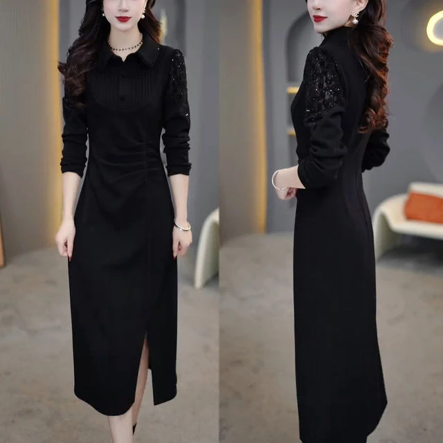 亮片中长款加绒百搭打底A字裙子2025秋冬新款时尚气质显瘦连衣裙