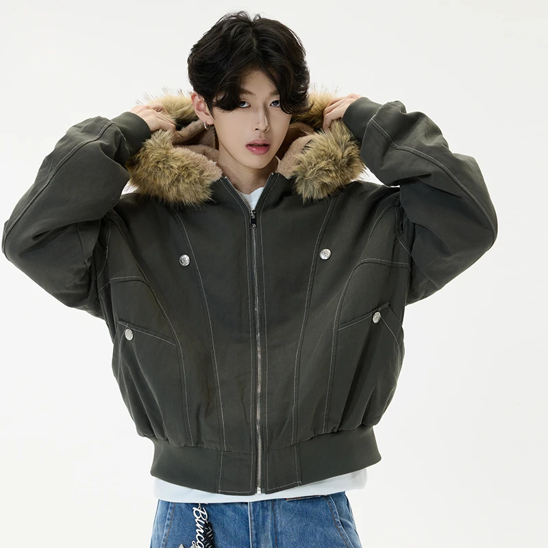 美式复古毛领座山雕棉服外套男冬季新款潮牌高级感加厚派克服棉衣