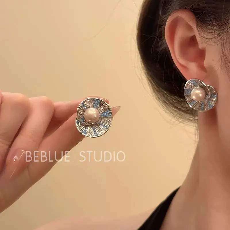 合金仿珍珠耳饰 月光与诗~复古高级感满钻耳钉女贝壳珍珠耳环耳饰