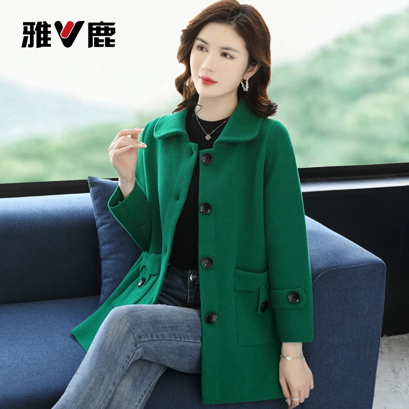 雅鹿双面绒外套女中长款2025秋冬新款宽松大码洋气妈妈遮臀羊毛呢
