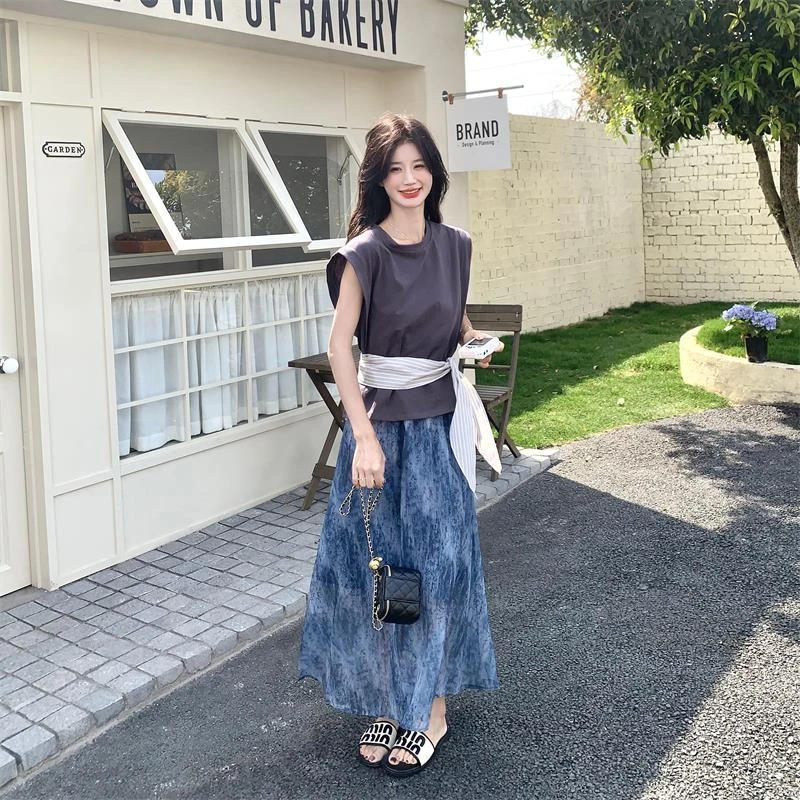 法芬图无袖T恤半身裙套装女夏季2025新款减龄少女风洋气穿搭两件