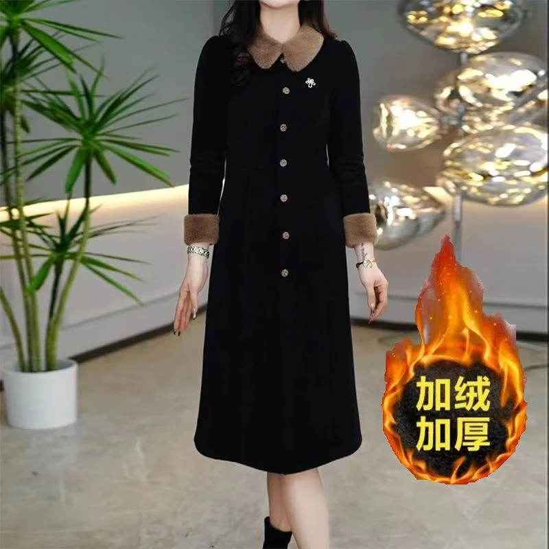 8130#高档绒加绒加厚连衣裙秋冬修身显瘦减龄中长款a字裙子