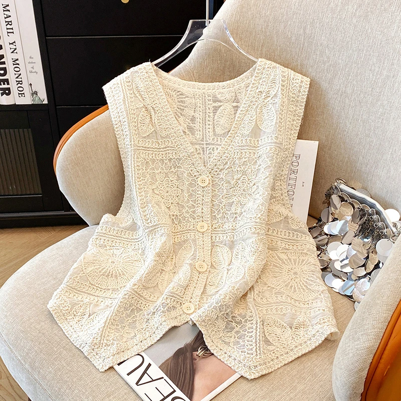 法式钩花设计V领气质马甲背心女2025夏季新款外搭开衫无袖上衣潮