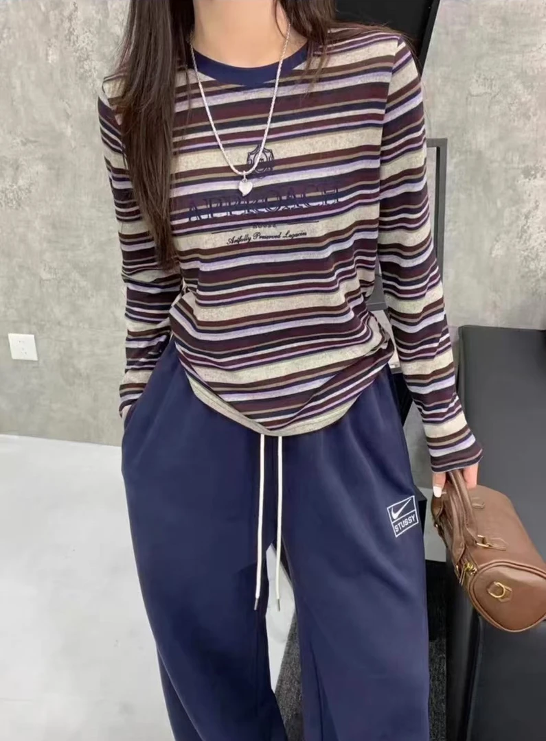 0466#字母款条纹上衣长袖女衬衫显瘦气质洋气时尚百搭遮肚春秋