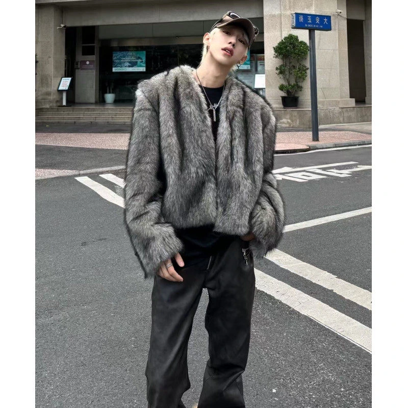 时髦感灰色仿狐狸毛毛皮草男短款座山雕保暖棉服外套潮