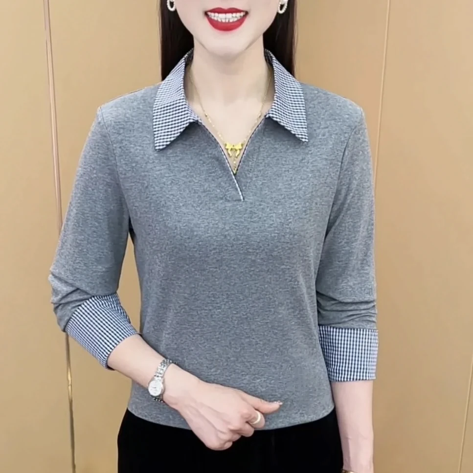 2025春季新款时尚洋气精选简约翻领撞色格子百搭显瘦减龄上衣