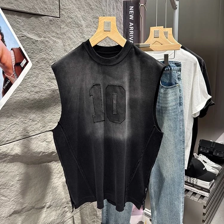 牛货重磅晕染脏脏洗美式坎肩反缝线毛边男士T恤废土风宽松背心