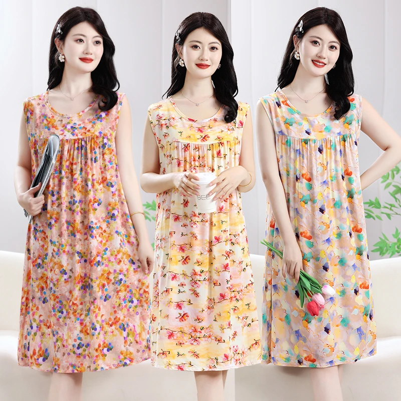 中年妈妈夏装棉绸睡裙宽松居家连衣裙中老年女装无袖人造棉花睡衣