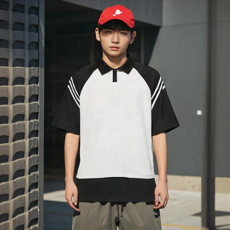 特大码300斤潮牌POLO插肩三条杠短袖T恤夏季宽松潮流休闲半袖上衣