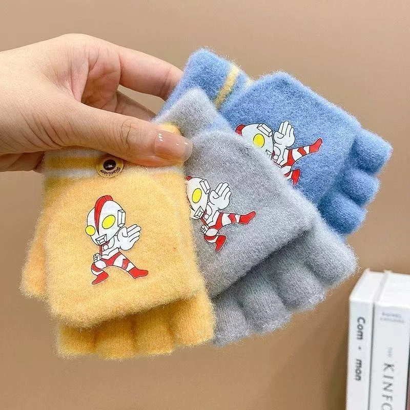 露指手套儿童学生翻盖手套冬季保暖加厚卡通男孩女孩毛线半指防寒