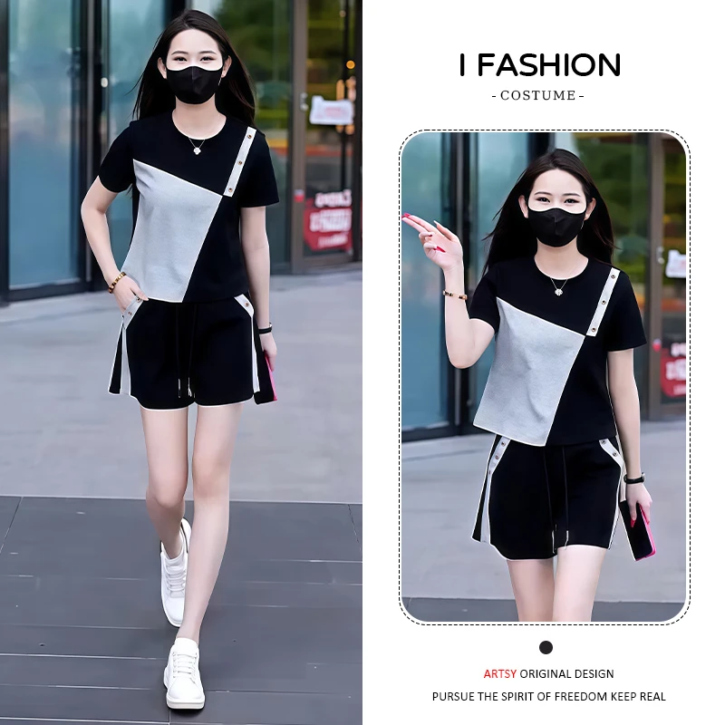 高含棉韩版时尚套装女2025年夏季新款小个子设计感短袖短裤两件套