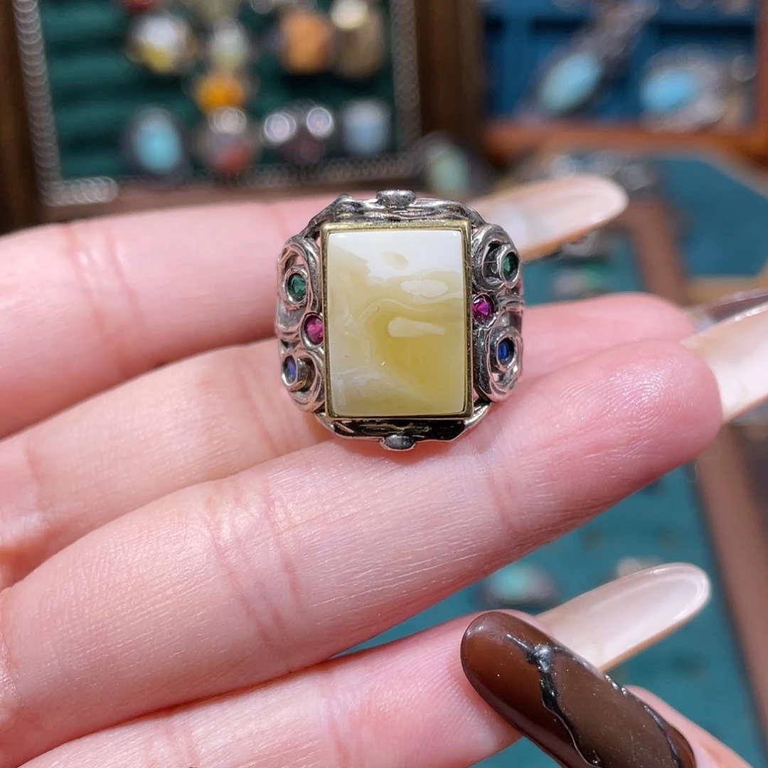 琥珀银S925镶嵌戒指