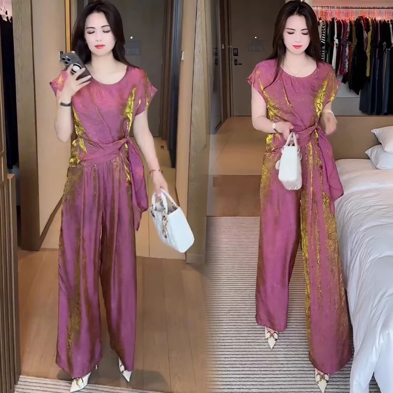 时尚套装女2025夏季新款洋气显瘦设计感短袖上衣高腰阔腿裤两件套