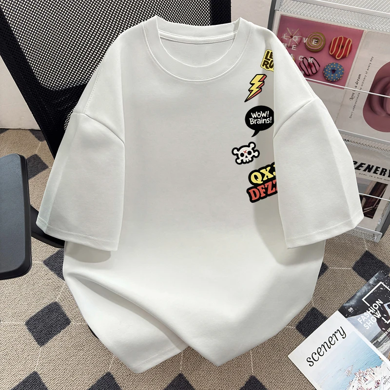 潮流百搭休闲复古美式高街套头上衣2025夏季宽松重磅短袖T恤男女