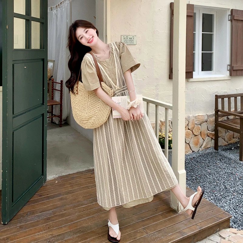 氛围感叠穿连衣裙套装女2025夏季新款韩系松弛感罩衫T恤裙两件套