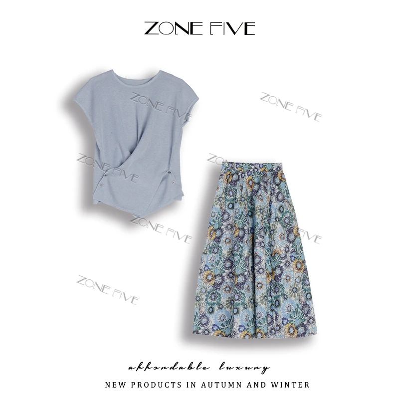 【zonefive】2025夏新款时尚套装圆领侧扣显瘦针织衫+半身裙两件套