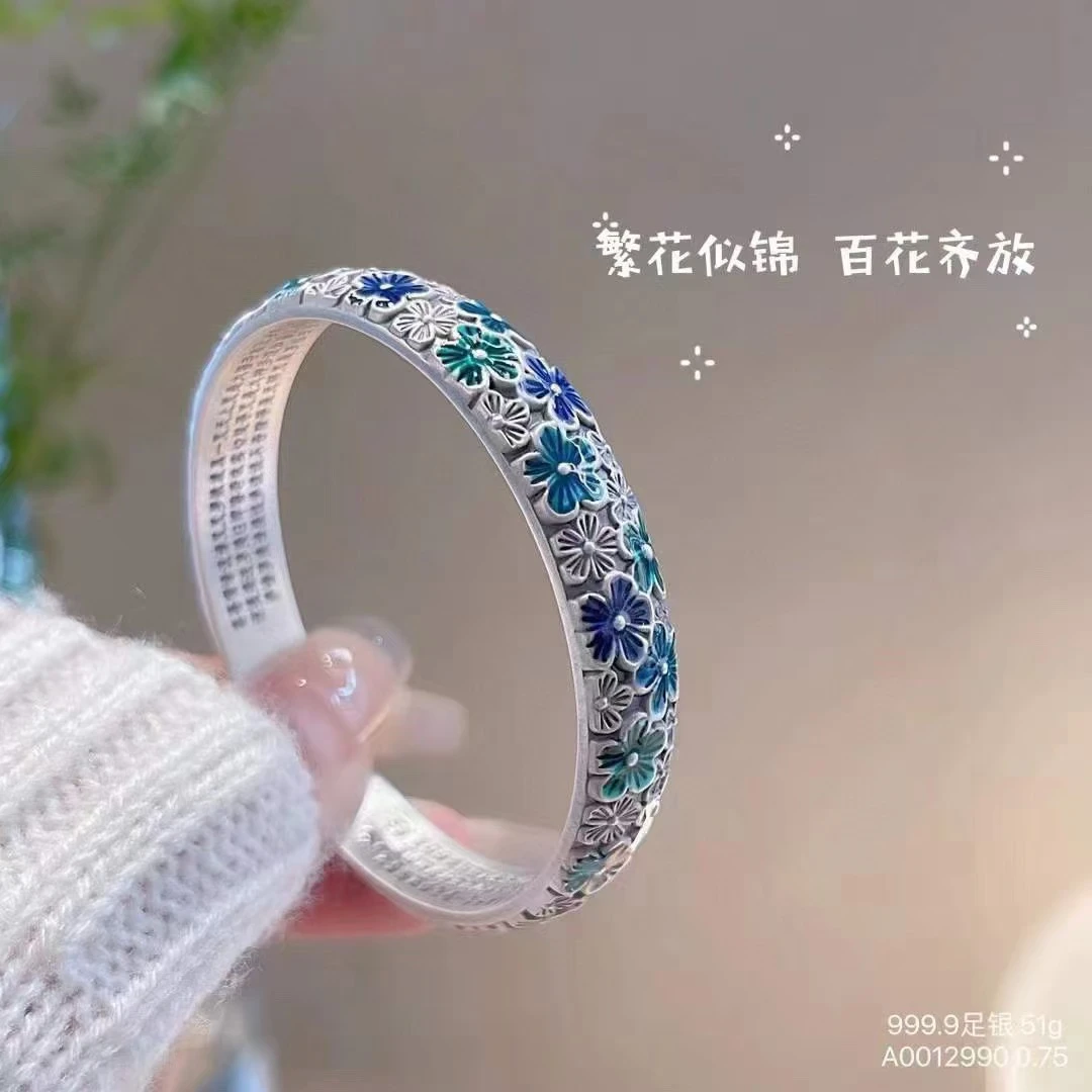 足银手镯 999.9珐琅梅花心经银手镯女足银景泰蓝手工实心银镯