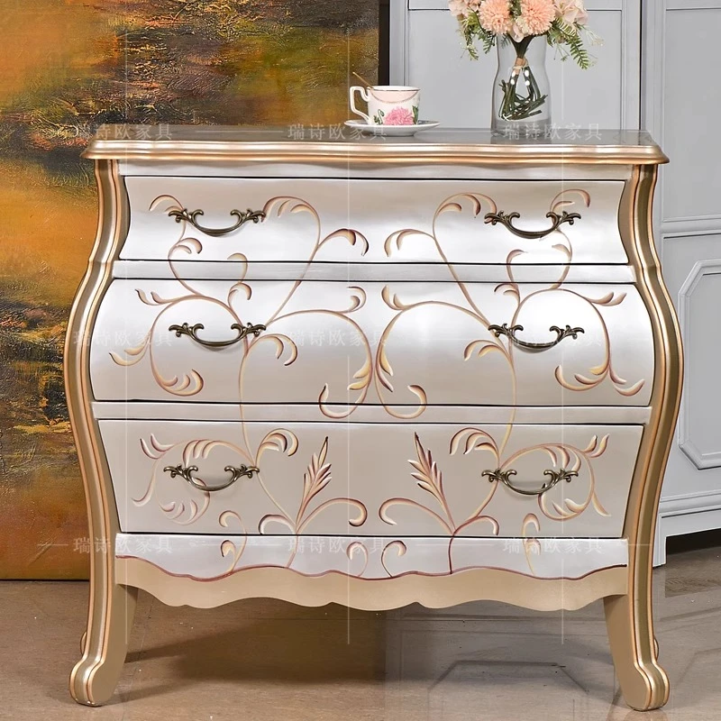 美式彩绘银色三斗柜复古客厅收纳入户隔断装饰玄关餐边柜轻奢