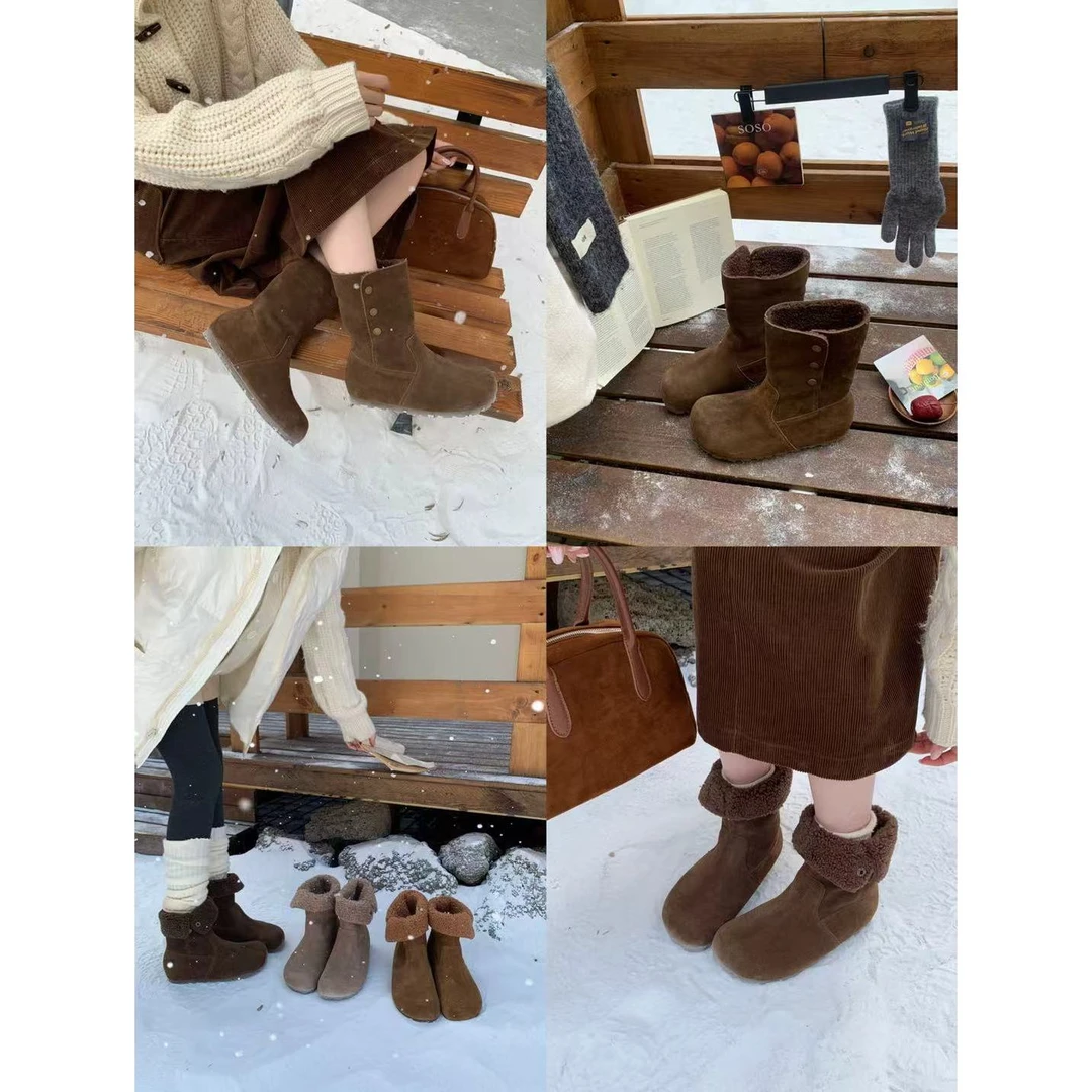 L-311-20#【真皮】『卷边奶绒』韩系简约复古翻边毛绒短靴