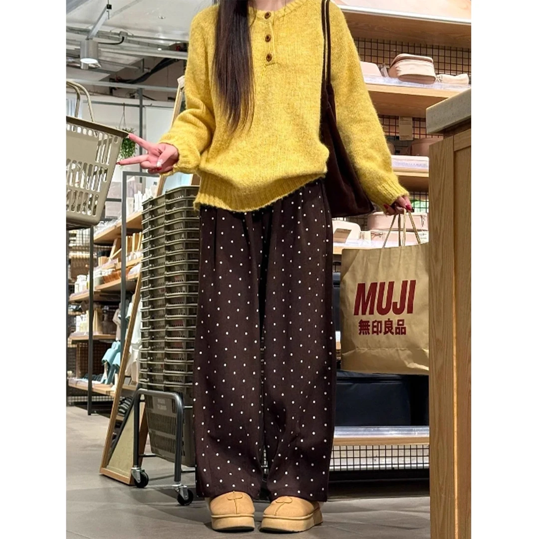 棕色波点灯芯绒休闲裤女秋冬加绒大码胖mm梨型身材高腰宽松阔腿裤