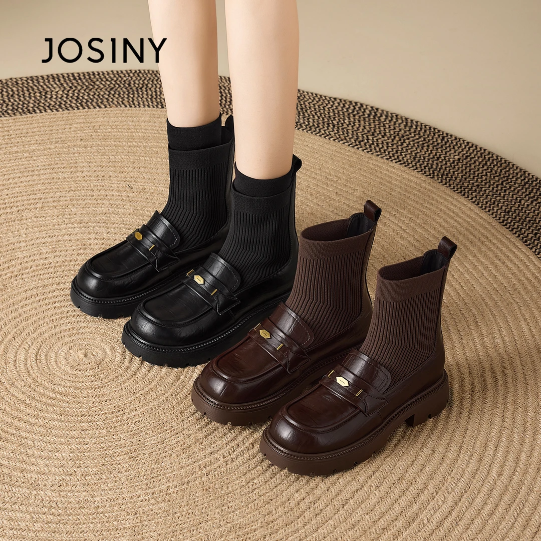 卓诗尼圆头马丁靴2025秋冬季靴弹力靴黑色中筒女靴复古百搭单靴