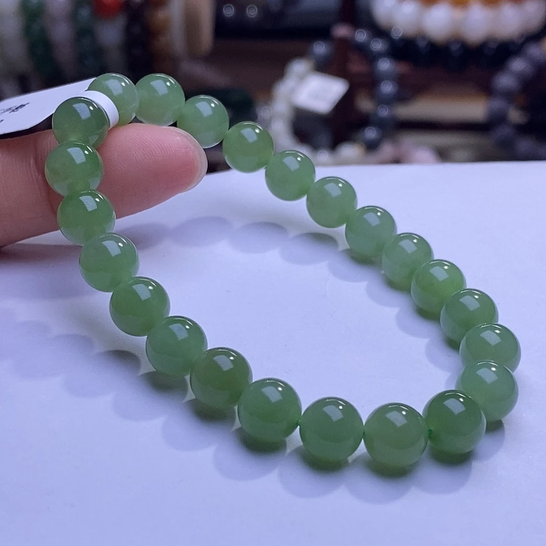 颈饰未镶嵌和田玉毕业级老坑料碧玉苹果绿手链8m