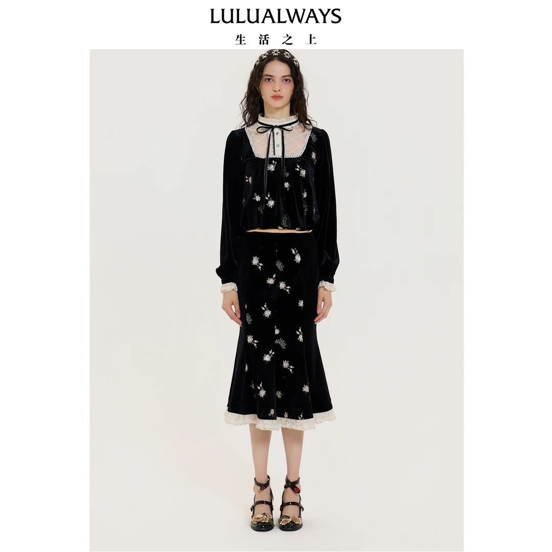 LULUALWAYS【商场同款】25秋季新款优雅复古柔美花朵刺绣丝绒上衣